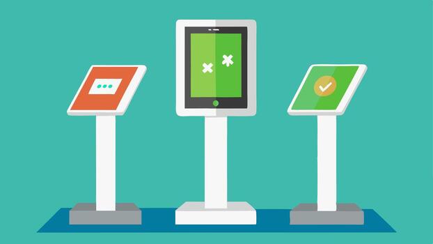 Tablet Display A sleek display stand featuring several refurbished tablets each with bright labels denoting their ecofriendly certifications and discounts.. vector