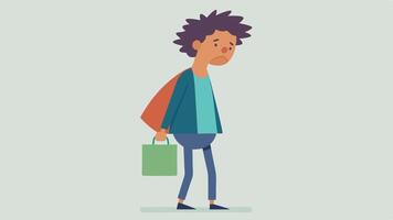 Tired Shoppers A tired shopper with messy hair and slightly disheveled clothing carrying a large bag of returns and sighing as they stand in line.. vector