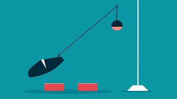 The Pendulum Swing A pendulum made from a shiny elongated object swings back and forth above the shoe. On its way down it knocks over a stack of blocks that fall into place. vector