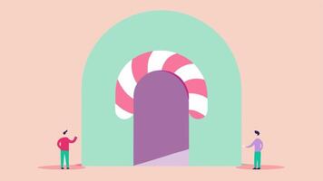 Wavy Light Portal A wavyshaped softedged portal glimmering in pastel colors. Shoppers of all ages are stepping through with one child holding a giant candy cane as a playful prop.. vector