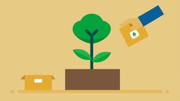 Tree Planting A hand planting a small tree with a box and shipping label in the foreground showing the connection to carbon offset programs.. vector