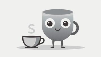 Tiny S Character A tiny cartoonish s character with big expressive eyes and a small smile is depicted standing beside the giant cup. The s is shiny and metallic with minimalistic. vector