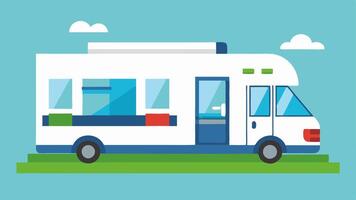 Mobile Lab Exterior A sleek modern mobile lab vehicle parked in a grassy area showcasing a large transparent side window revealing an interior full of diagnostic equipment.. vector