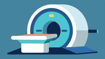 MRI Machine A sleek modern MRI machine positioned centrally in the room featuring a curved design with a large opening for patient comfort and an interactive touchscreen interface.. vector