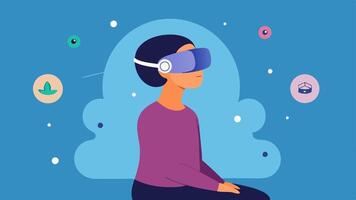 Mindful Breathing A side view of a person practicing deep breathing while wearing a VR headset with floating symbols indicating calmness and mindfulness around them.. vector
