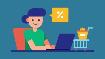 User Typing on Keyboard A graphic of a shopper sitting at a desk enthusiastically typing a digital coupon code on a laptop with a shopping cart visible on the screen.. vector