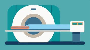 MRI Machine Overview A sleek rounded MRI machine with a patient bed in the center illustrated from a side view showcasing its opening and control panel.. vector