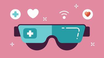 Minimalist Glass Design A clean design of the AR glasses emphasizing their lightweight and modern features with floating health icons around them.. vector