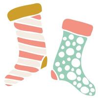 Simple Christmas sock with different patterns. Ideal for holiday decorations, coloring pages, or festive designs. Minimalist and playful Christmas art. vector