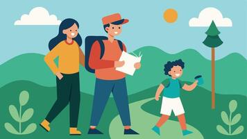 Exploring a Trail A family using a map or compass to navigate a hiking trail learning about nature instead of navigating through crowded stores.. vector