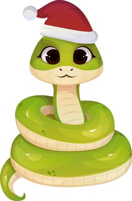 Christmas snake. Cute green snake wearing a Christmas hat. Snake in cartoon style