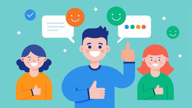 User Testimonials Illustrated speech bubbles from happy users with bright eyes giving thumbs up indicating satisfaction with the effectiveness of the nanoparticleinfused product.. vector