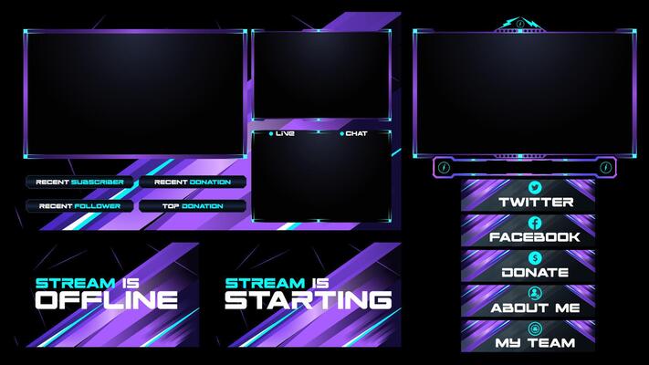 streaming setup with a purple background and blue and black elements