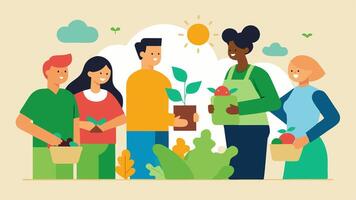 Community Garden A community garden scene where people are sharing and trading plants and homemade goods highlighting the value of local sustainable practices with the phrase. vector