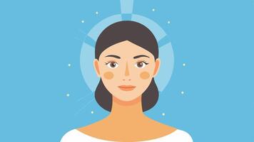 Youthful Skin An illustration of a face with smooth glowing skin showcasing the effects of the exosome cream on reducing wrinkles with gentle rays of light highlighting the skin.. vector