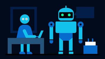 Workplace Shift A robot with glowing blue eyes focused on its tasks at a desk filled with equipment and tools. The human figure stands just outside the open door looking in with a. vector
