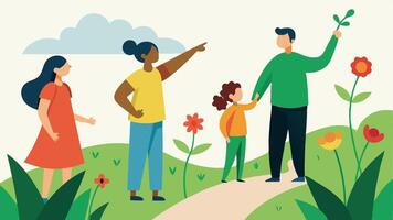 Connecting with Nature Parents pointing out different plants or flowers along the trail educating their children about nature exemplifying quality time together outdoors.. vector