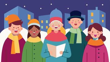 Caroling Group A group of cheerful carolers in festive attire singing holiday songs on a bustling street corner attracting the attention of passing shoppers.. vector