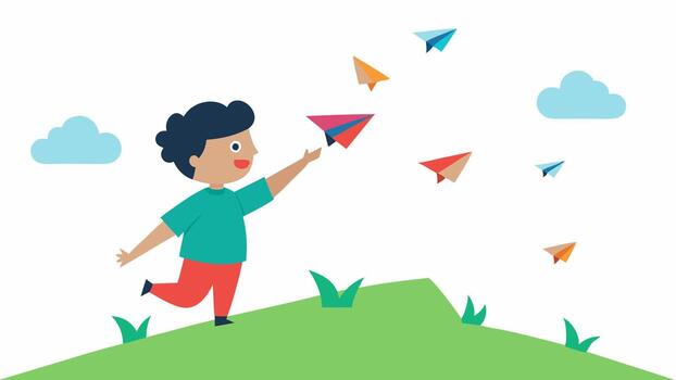 Whimsical Release In this illustration a child stands on a grassy hill happily tossing a fleet of colorful paper planes into the air. As the planes ascend the tip of each plane. vector