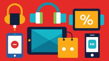 Tech Devices with Price Tags An assortment of tech devices tablets headphones smart speakers displayed with colorful price tags showing various discounts.. vector