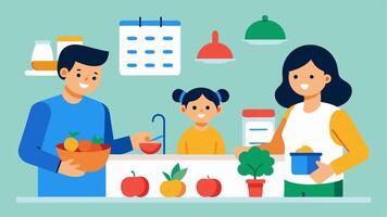 Cooking Together A cheerful kitchen scene where family members are preparing a meal together with colorful vegetables and fruits around while the calendar acts as decor on the. vector