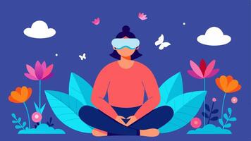 Mindfulness in Nature An illustration of a patient in VR practicing mindfulness with hands resting on their knees fully immersed in a vibrant garden filled with flowers and. vector