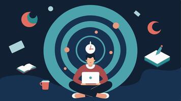 Time Warp A circular clock face with the hands stuck at midnight while a person sits below it on a couch gazing at a tablet. The background features a continuous stream of news. vector