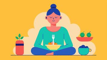 Mindful Eating An illustration of a person enjoying a colorful and balanced meal practicing mindful eating emphasizing the enjoyment and awareness aspect of nutrition.. vector