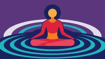 Mindfulness Session A peaceful figure seated crosslegged with vibrant ripples around their head showing the mindfulness achieved with the aid of the device.. vector