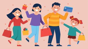 These illustrations capture the joyful spirit of families shopping together while taking advantage of great discounts.. vector
