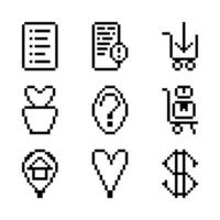 Set of icons in pixel art style for an online store, icons for price, like, delivery, location address, product catalog, shopping cart, complaints, questions vector