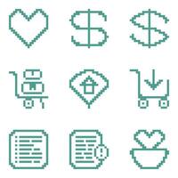 Set of icons in pixel art style for an online store, price icon, like, delivery, location address, product catalog, shopping cart, complaint vector