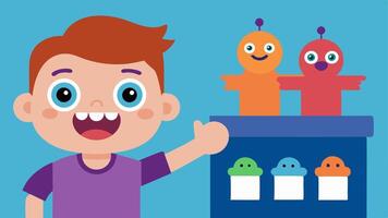 A child pointing excitedly at a toy display with animated expressions on the faces of their guardians and eyecatching sale signs visible in the backdrop.. vector