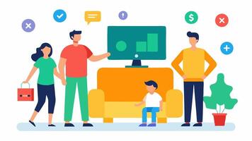 A family exploring a virtual marketplace with oversized animated items like a couch a bicycle and a television display their prices in bright bold letters.. vector