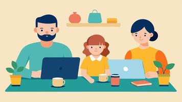 Crafting Together A family working on a craft project at a kitchen table filled with supplies with laptops and tablets p out of reach showcasing a focus on handson activities.. vector
