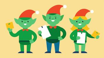 Elves in a Team A group of three elves working together each holding flyers and talking animatedly directing a group of excited shoppers to various sale spots.. vector