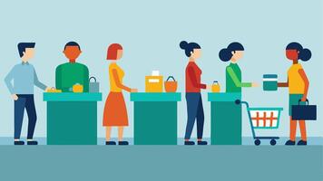 Checkout Line Chaos A long checkout line filled with customers showcasing a variety of items stacked high in their shopping carts while a cashier rings up purchases.. vector