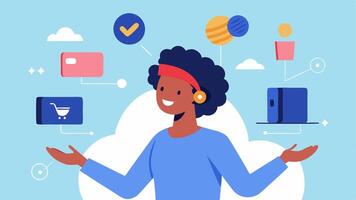 A shopper joyfully interacts with a virtual stylist who is presenting a variety of hairstyles and accessories through a floating interface.. vector