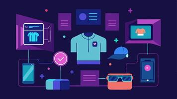 Digital Storefronts Rows of sleek digital storefronts displaying holographic products like gadgets apparel and accessories with interactive elements.. vector