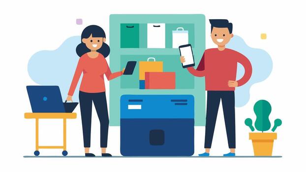 descuento sección el Pareja soportes emocionado en frente de un despeje estante lleno con varios electrónica exploración artículos con un móvil aplicación para ofertas.. vector