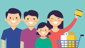 A family with mixed ages takes a selfie together in the store grinning broadly beside their cart full of picked goodies. Sale posters adorn the walls adding to the cheerful. vector