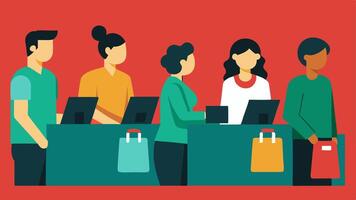 A checkout line at a busy register filled with shoppers each holding items with price tags visibly marked down.. vector
