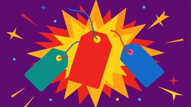 Exploding Price Tags Price tags with bold prices explode from the center surrounded by vibrant colors and dynamic lines to capture attention.. vector