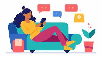 Couch Browsing A woman relaxed on a sofa scrolling through her smartphone. She looks excited and colorful SALE tags are tered around her. A cup of coffee sits beside her.. vector
