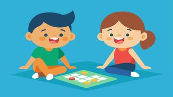 Excited Kids Two children sitting crosslegged on the floor with bright smiles eagerly looking at a game board set up in front of them.. vector