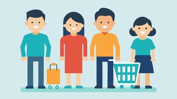 A family stands in front of a large Buy One Get One Free display each holding an item that they intend to buy. Their shopping cart is stacked with similar items and smiles indicate. vector