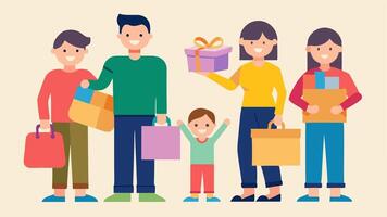 Family Shopping Day A family of four two adults and two children happily sorting through various shopping bags and boxes with the kids holding up their new toys.. vector