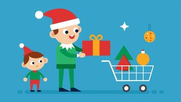 Elf and Shopping Cart An elf helping a young child add holiday sale flyers to their shopping cart with sparkly ornaments and decorations hanging in the background.. vector