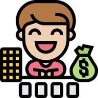 A cartoon man sitting at a table with money and a bag vector