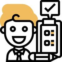 A cartoon man holding a pencil and a check mark vector